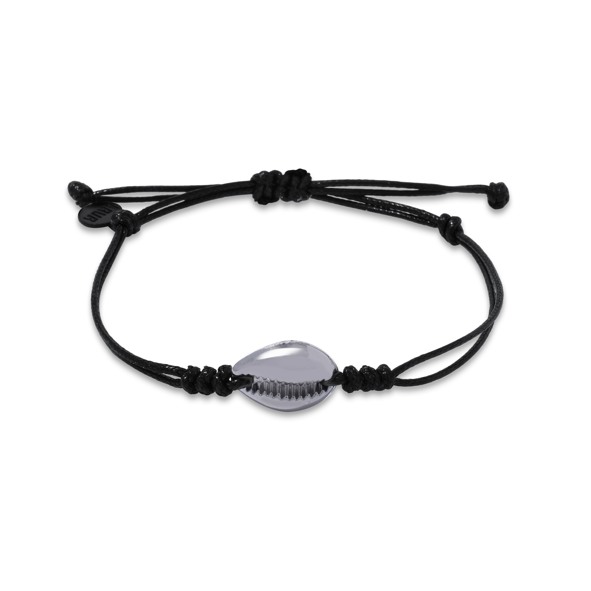 1mm Black String with Metallic Cowrie Shell Adjustable Pull Bracelet (front view) - The LAVA Cō