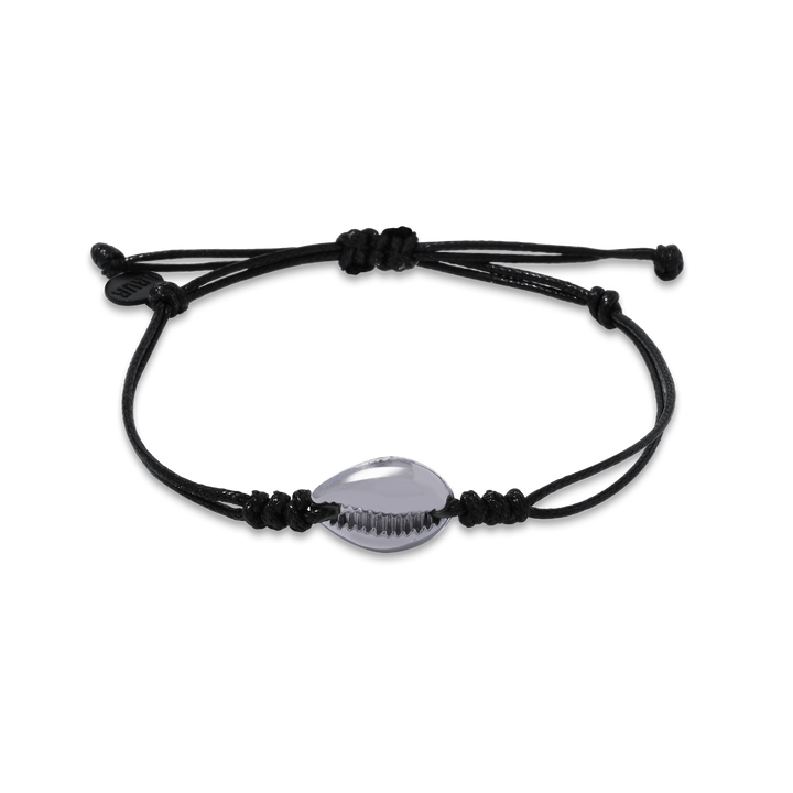 1mm Black String with Metallic Cowrie Shell Adjustable Pull Bracelet (front view) - The LAVA Cō